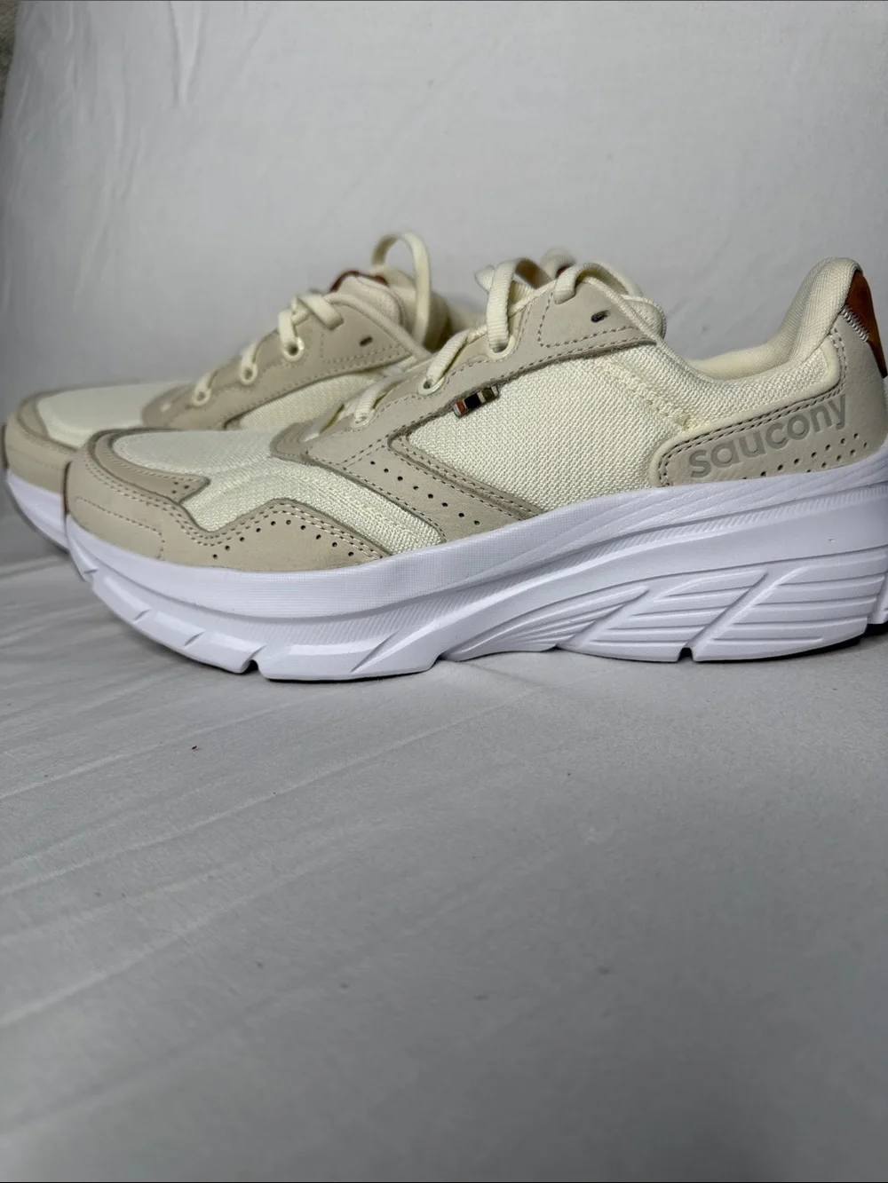 Saucony PWRrun Cream White Athletic Sneakers with Tan Accents